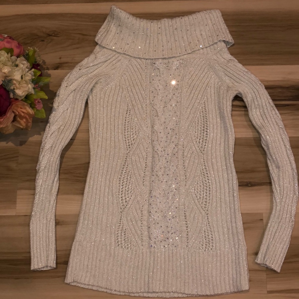 White House Black Market Ivory Sparkle Cowl Neck Sweater